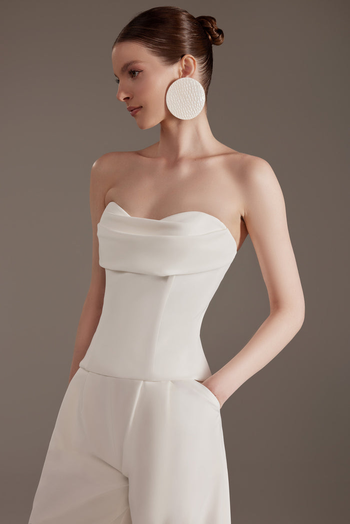 Elegant White Crepe Strapless Draped Corset Top Leonora