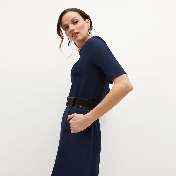 Side image of a woman standing wearing the Emily in Galaxy Blue