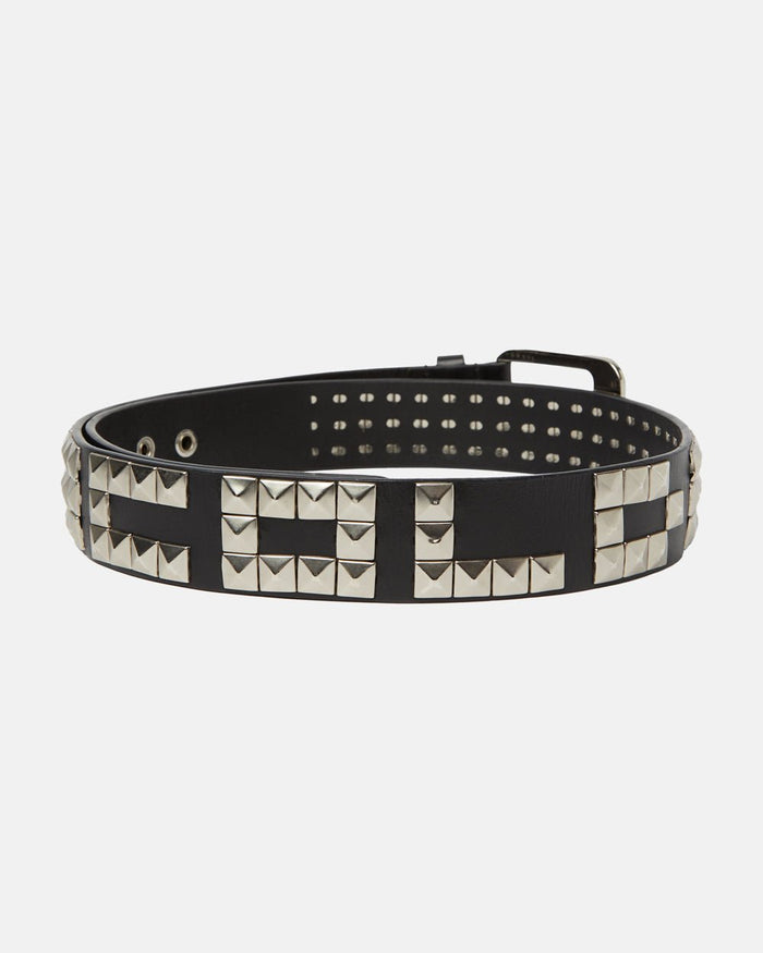 EMMO LEATHER BELT BLACK - black studded leather belt, front view - Cold Culture