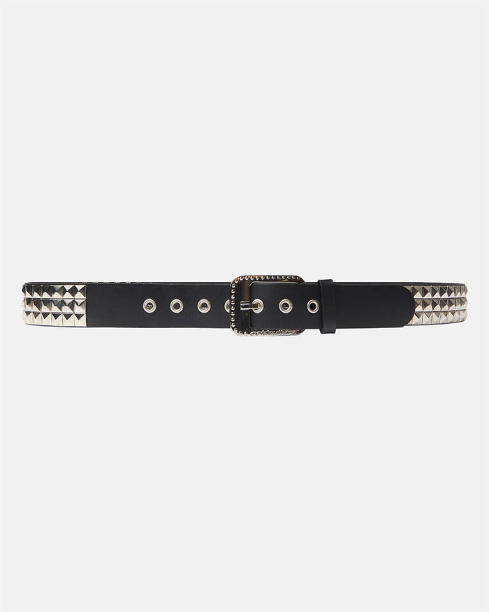 EMMO LEATHER BELT BLACK - black studded leather belt, front view - Cold Culture