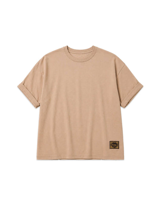 Japanese Made Essential Cotton T-shirt in sand color, featuring a relaxed silhouette and a woven label at the hem.