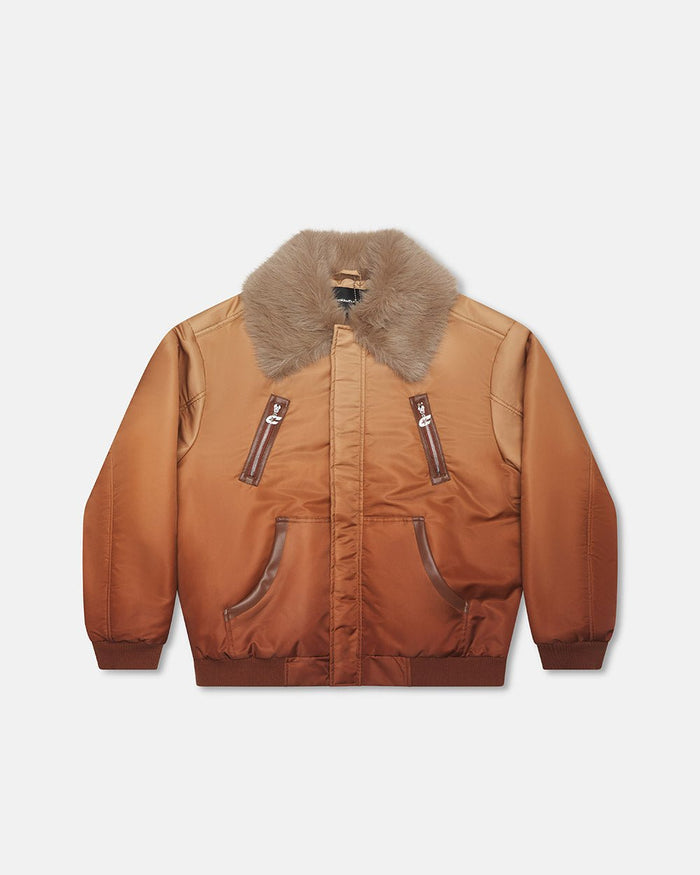 FADED BOMBER BROWN - brown faded bomber jacket, front view - Cold Culture