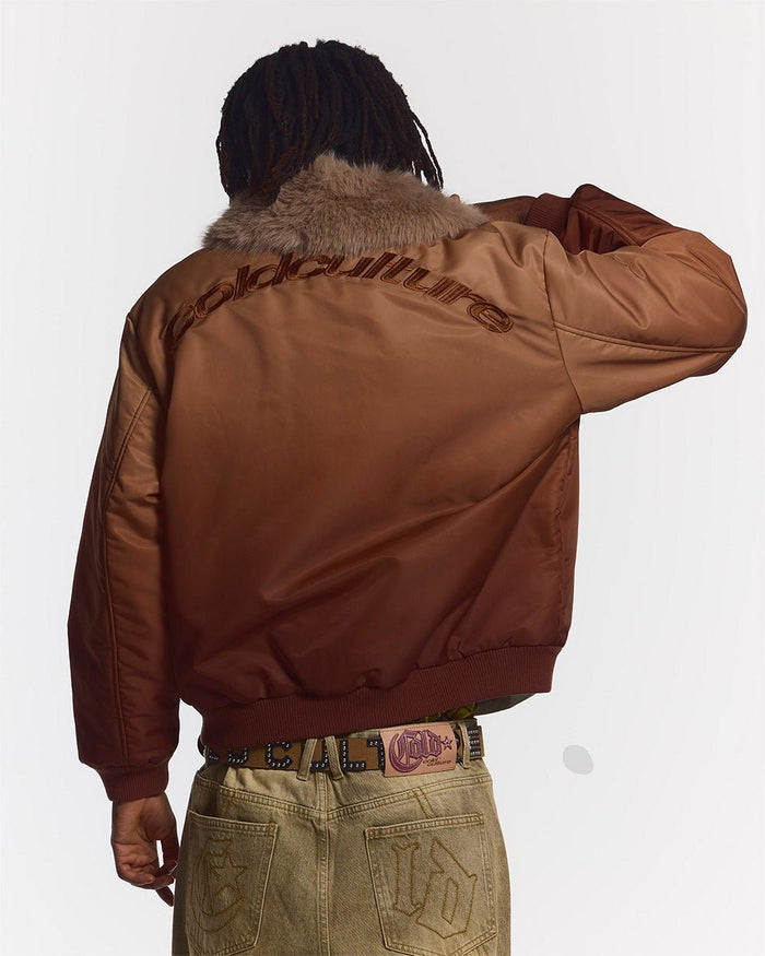 FADED BOMBER BROWN - brown faded bomber jacket, back view on male model - Cold Culture #man
