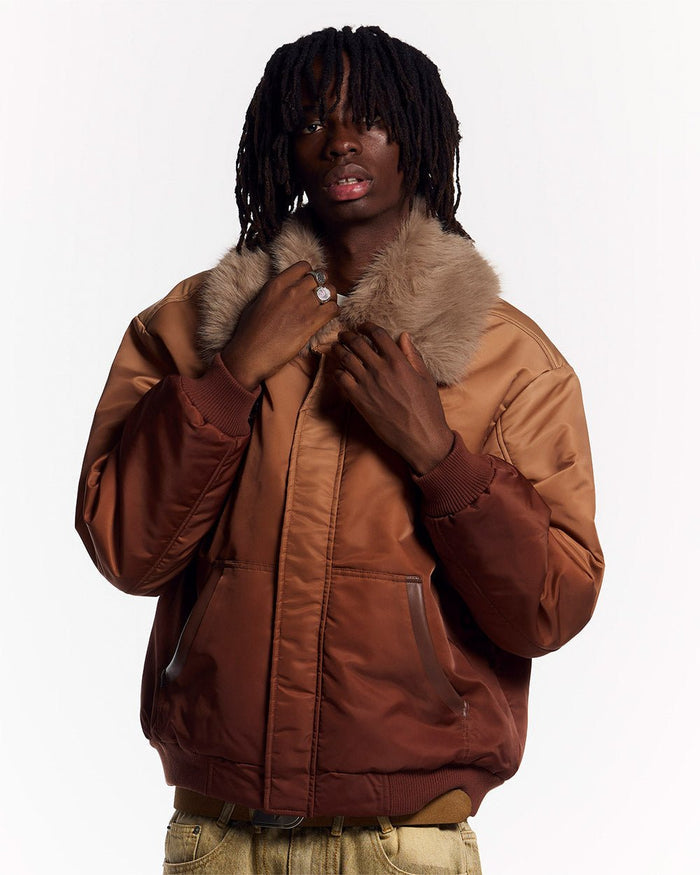 FADED BOMBER BROWN - brown faded bomber jacket, front view on male model - Cold Culture #man
