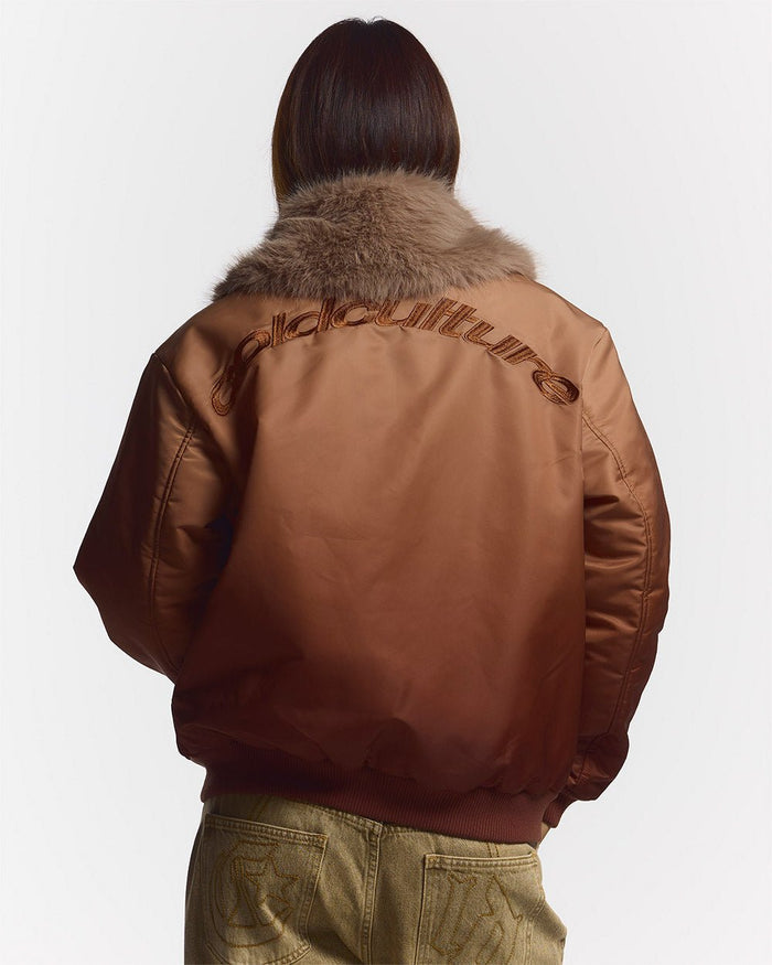 FADED BOMBER BROWN - brown faded bomber jacket, back view on female model - Cold Culture #woman