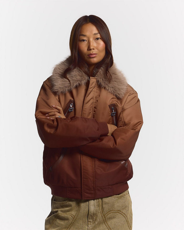 FADED BOMBER BROWN - brown faded bomber jacket, front view on female model - Cold Culture #woman
