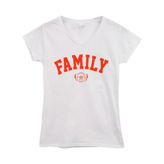 City Rocks white short-sleeve V-neck t-shirt featuring FAMILY in bold red letters and a small circular emblem printed beneath the text on the front.