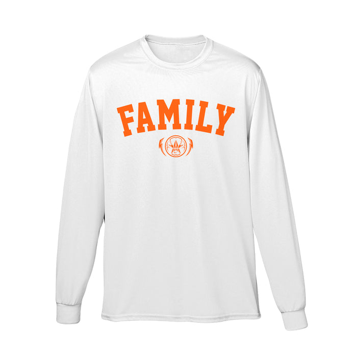 A white City Rocks long-sleeve shirt featuring FAMILY in bold orange letters across the chest with a small orange graphic underneath.