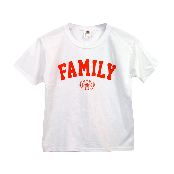 A City Rocks white t-shirt featuring the word FAMILY in bold red letters across the chest and a small circular emblem below.