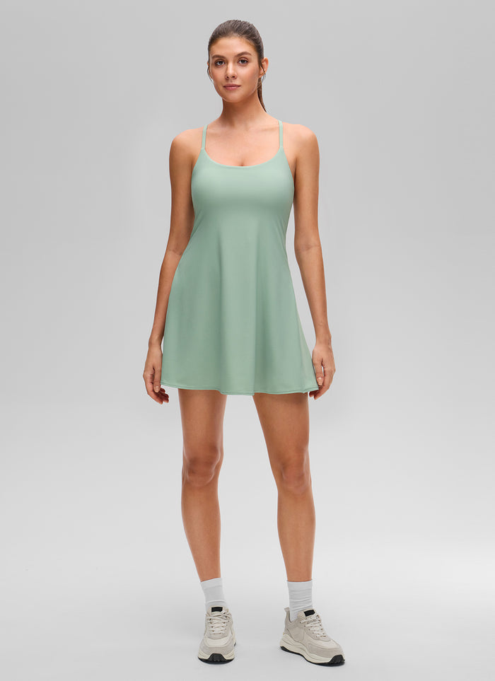 CRZ YOGA Women's Drapey Spaghetti Straps Tennis Built-in Bra Dress Green Palm Court