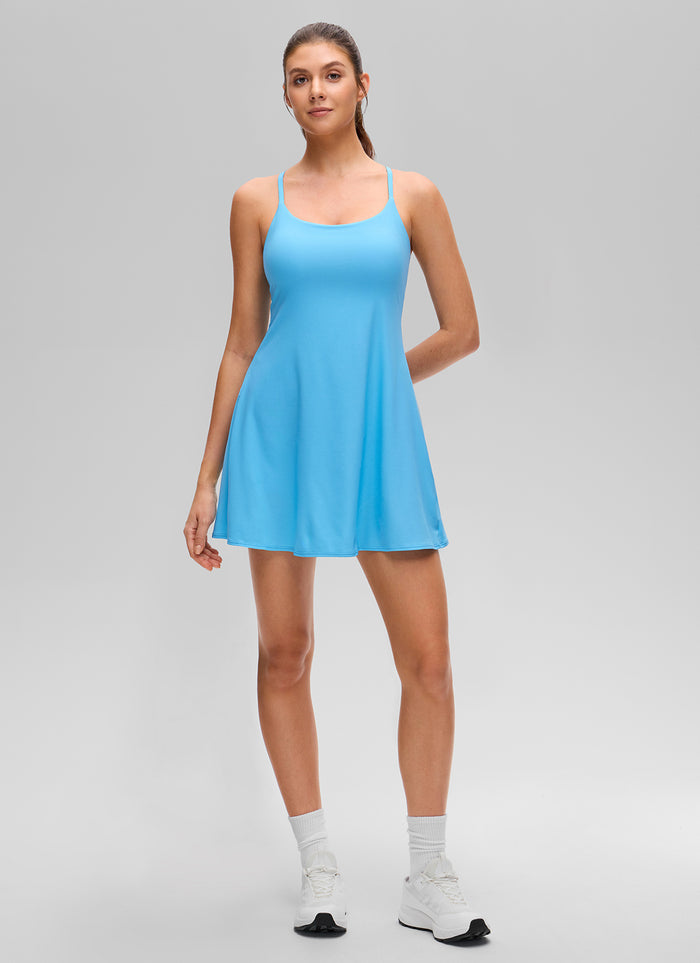 CRZ YOGA Women's Drapey Spaghetti Straps Tennis Built-in Bra Dress Kayak Blue