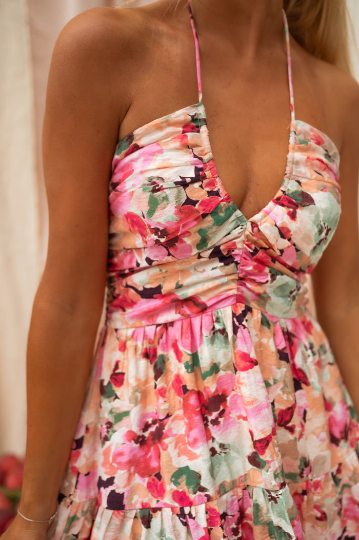 Pink coral floral mini dress, side view