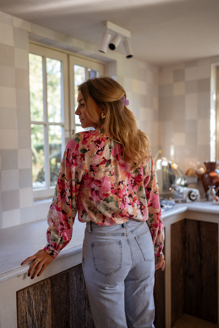 Embroidered braid and ruffle detail on floral Elvina blouse