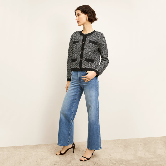 front image of a woman wearing the FRAME le slim palazzo jeans in drizzle