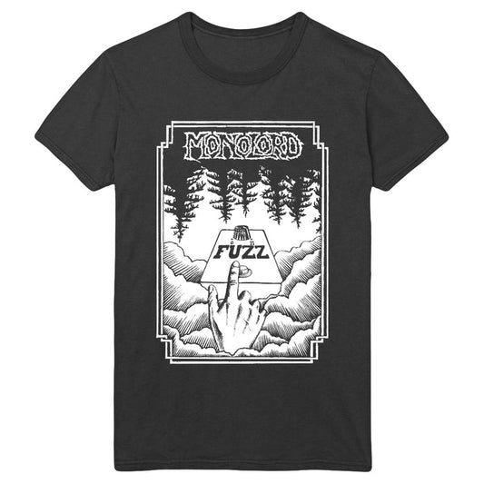 Monolord black T-shirt featuring a white graphic of a hand pressing a FUZZ pedal, surrounded by clouds and trees, with MONOLORD in stylized text at the top.