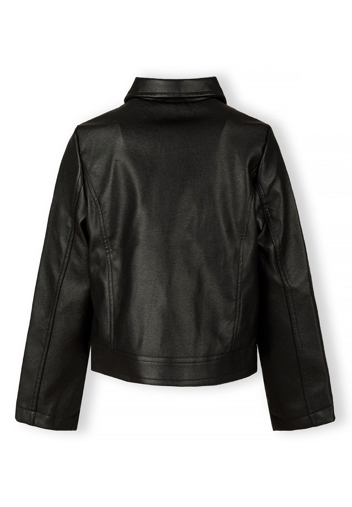 Back view of a black girls biker jacket with a lapel collar and structured cut.