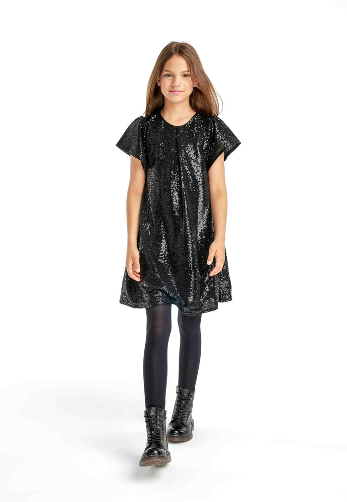 Sequin Party Dress, Flutter Sleeves, Black - 1
