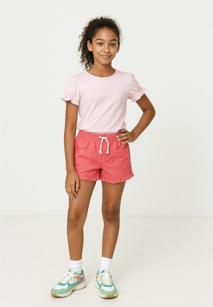 Poplin Shorts, Pink, Frill Hem, Drawstring - 1