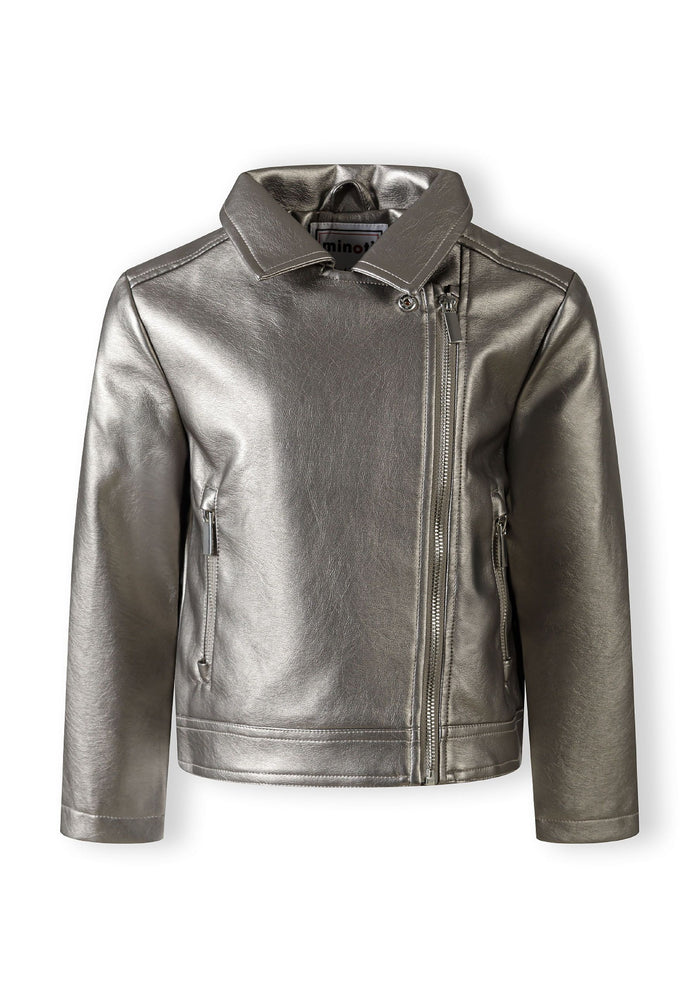 Girls biker style jacket in silver, front view with zipped pockets.