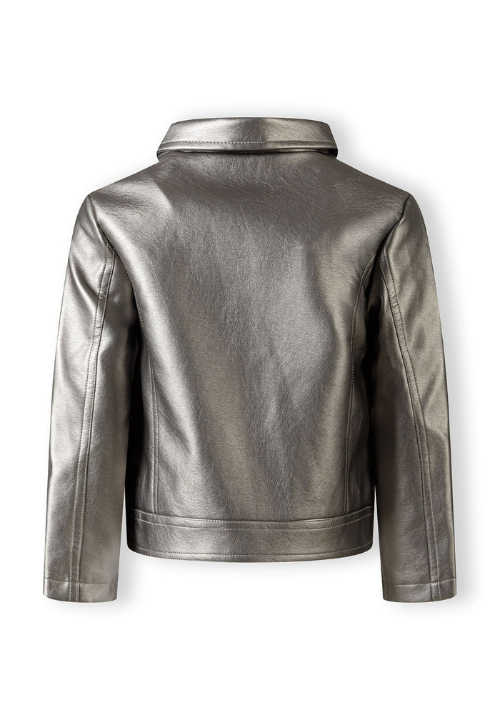 Back view of a girls biker style jacket in silver with a classic lapel collar.