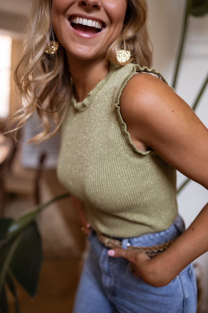 Glittery olive Mathilda mockneck tank top, front view