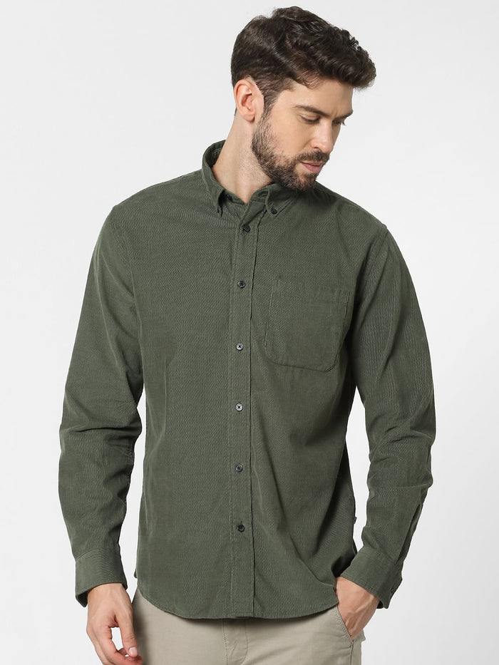 Green Corduroy Full Sleeves Shirt
