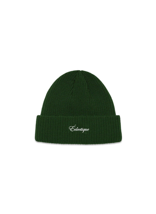 Green fisherman beanie by Éclectique featuring white logo embroidery and 58cm circumference.