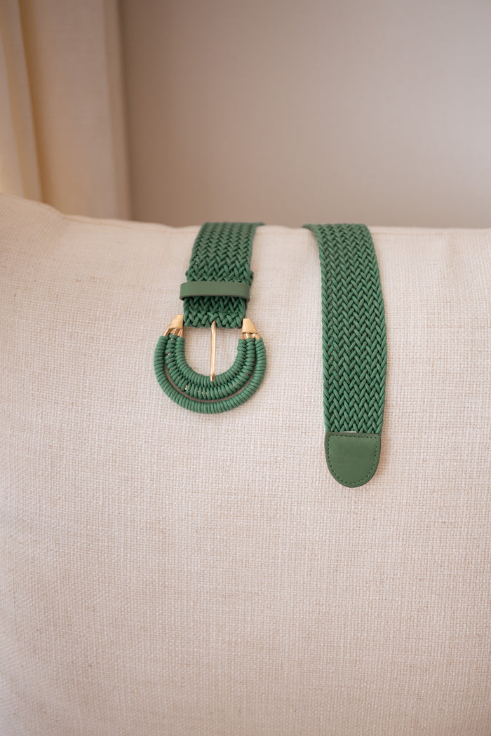 Green woven belt detail