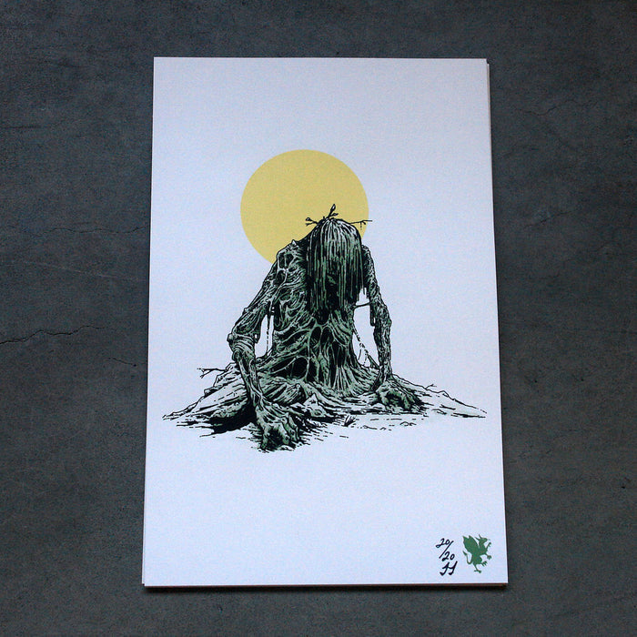 A Castle Jackal print, shipped in a sturdy poster tube, depicts a dark, moody swamp creature with tangled roots and vines under a pale yellow sun, its head bowed against a white background.