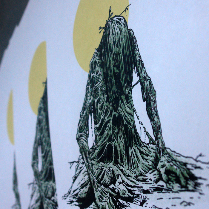 A Castle Jackal drawing depicts a decaying, long-haired humanoid slumped forward like a discarded poster tube, surrounded by yellow circles on a plain white background. The skeletal figure is both organic and haunting.
