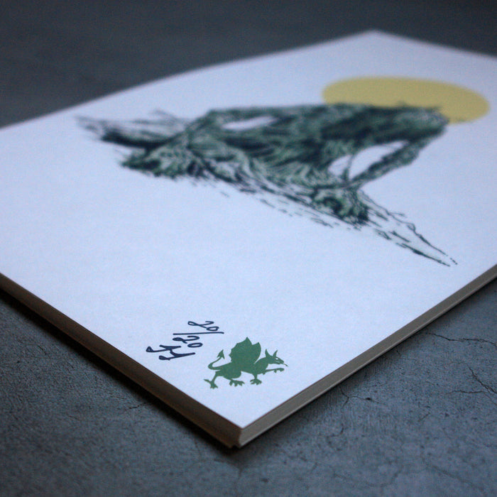 A close-up of a white Castle Jackal paper sheet with a green tree, yellow circle, and small green frog illustration plus stylized text in the corner, resting on a gray surface.