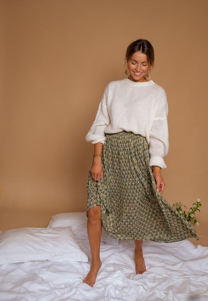 Green Moriane pleated floral maxi skirt, front view
