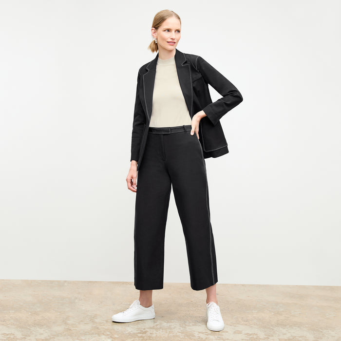 front image of a woman wearing the grenville jacket in black | Lead