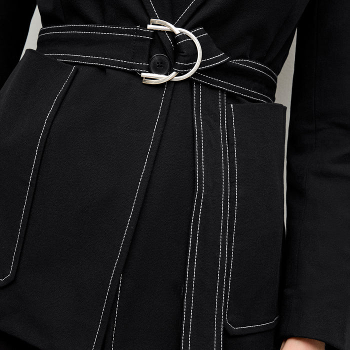 detail image of a woman wearing the grenville jacket in black
