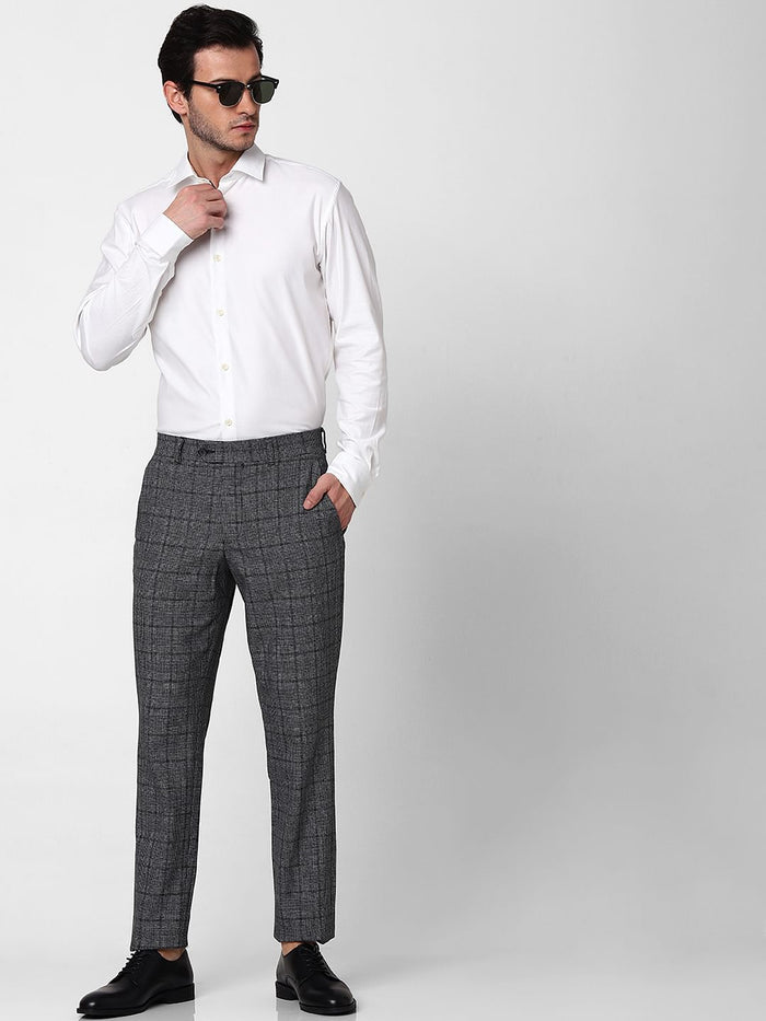Grey Mid Rise Check Trousers