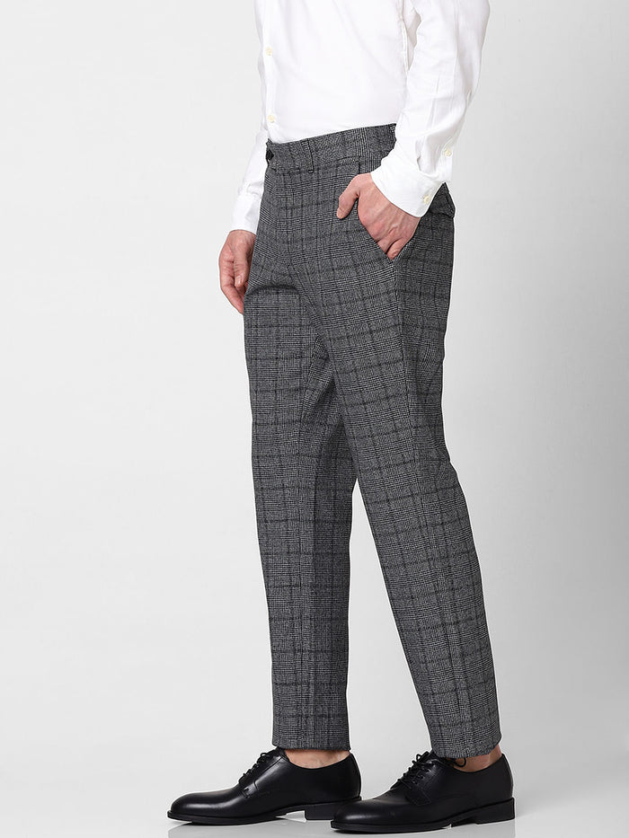 Grey Mid Rise Check Trousers