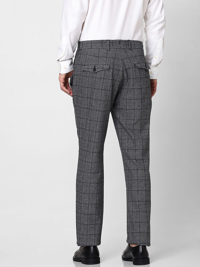 Grey Mid Rise Check Trousers