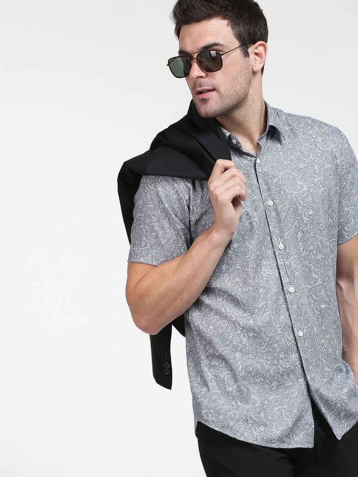 Grey Paisley Print Half Sleeves Shirt