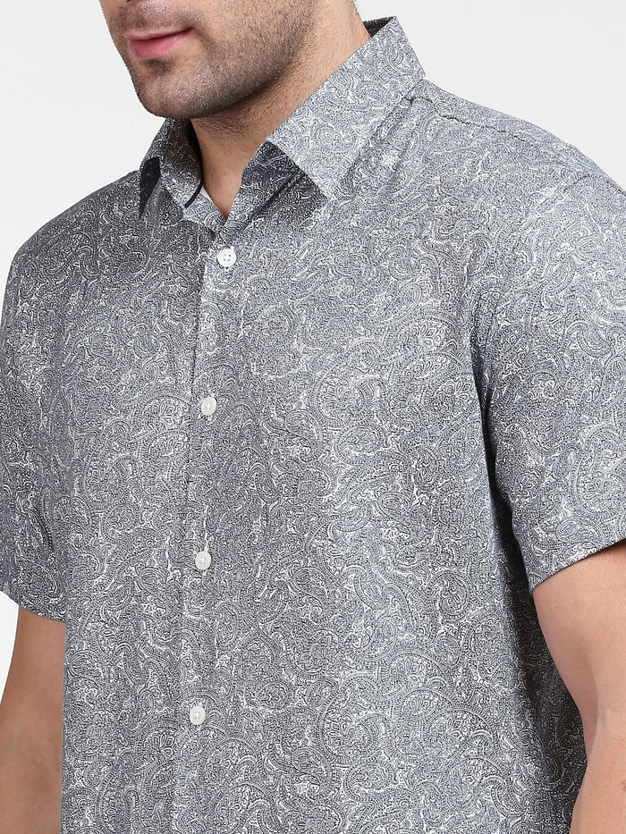 Grey Paisley Print Half Sleeves Shirt