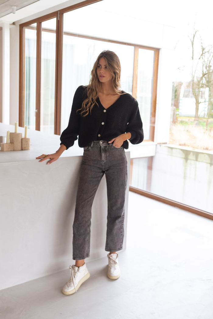 Side view of grey high-rise jeans