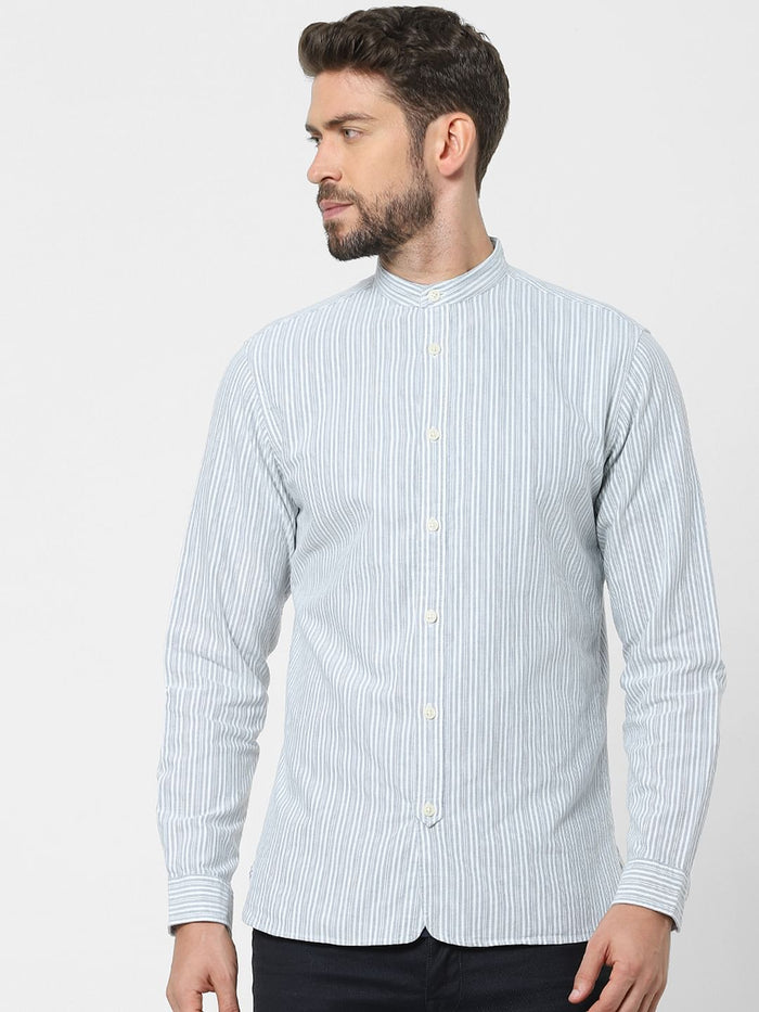 Grey Striped Mandarin Collar Shirt