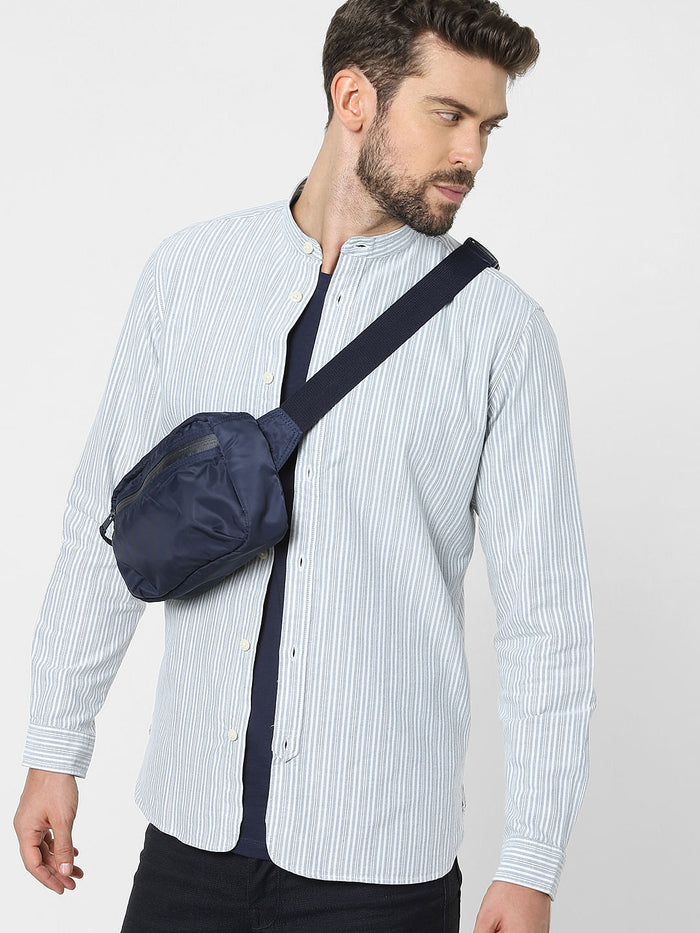 Grey Striped Mandarin Collar Shirt