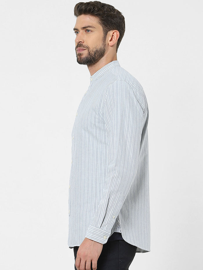 Grey Striped Mandarin Collar Shirt