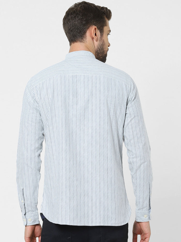 Grey Striped Mandarin Collar Shirt