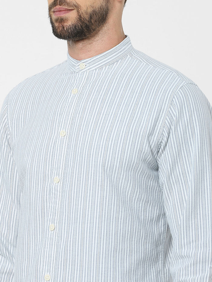 Grey Striped Mandarin Collar Shirt