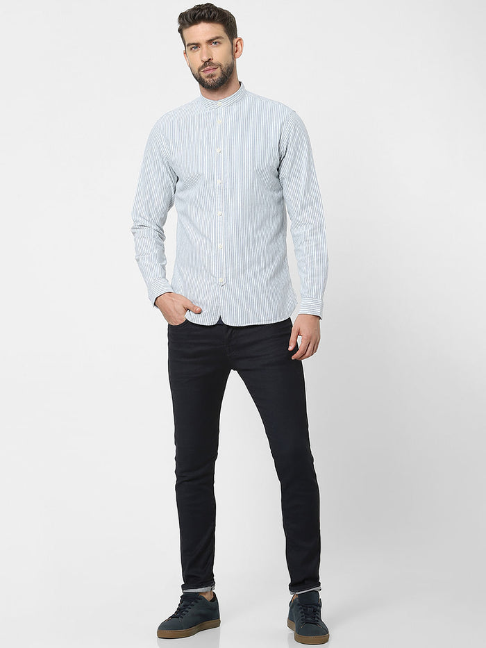 Grey Striped Mandarin Collar Shirt
