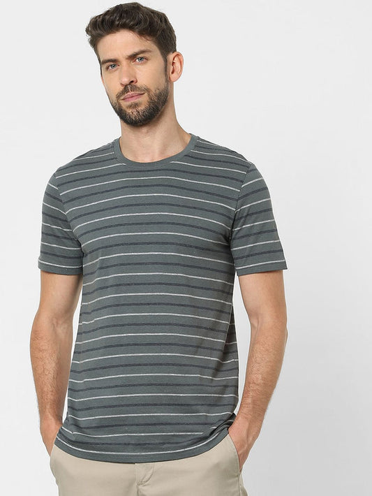 Grey Striped Organic Cotton Crew Neck T-Shirt
