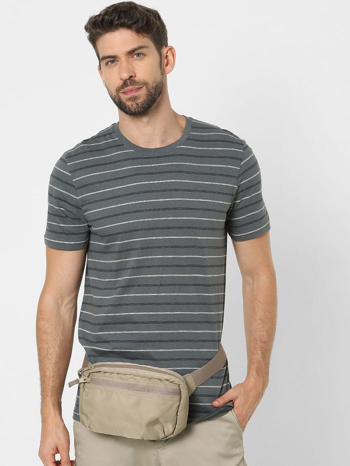 Grey Striped Organic Cotton Crew Neck T-Shirt