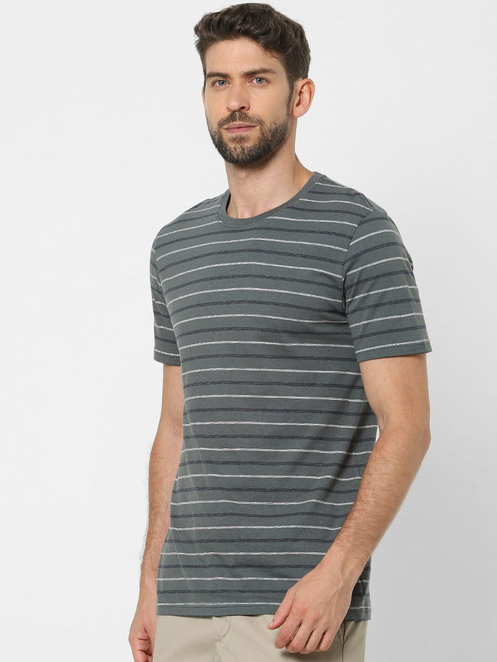 Grey Striped Organic Cotton Crew Neck T-Shirt