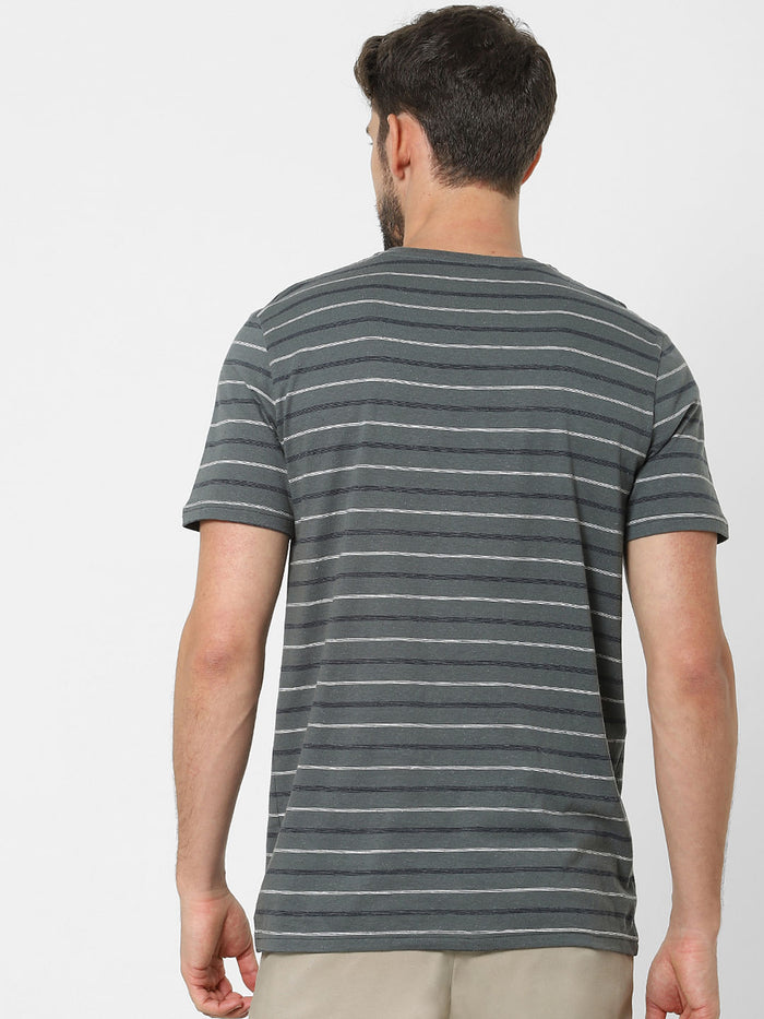 Grey Striped Organic Cotton Crew Neck T-Shirt